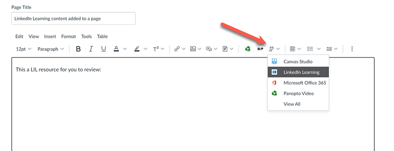 A red arrow pointing to the plug icon in the Canvas Rich Content Editor Bar. In the drop down list is LinkedIn Learning