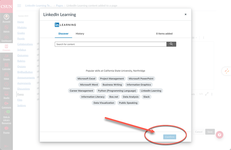 LinkedIn Learning dialog box with with a red circle around and red arrow pointing at the Confirm button