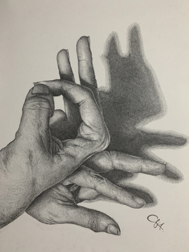 A pencil drawing of two weathered hands creating a dramatic shadow of a soft bunny on a wall. 