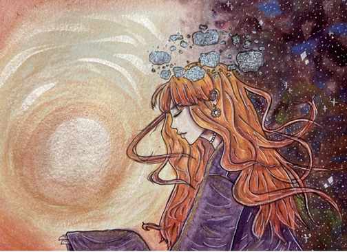 A side view of a young woman with long golden red hair and a purple dress is personified as the Sun, as asteroids float around her hair. She is balanced out by a golden metallic light on the left side of the image. 