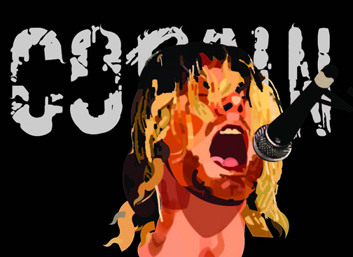 ait is on a black background with his last name, Cobain, in large distressed looking letters that were created by using many small shapes. Kurt is singing into a microphone. 