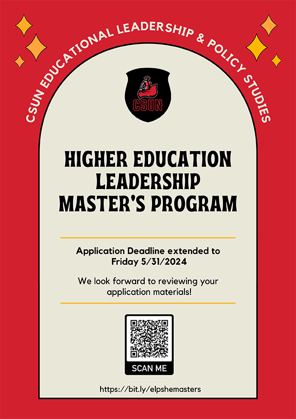 Higher Educational Leadership Master's Program, application deadline extended to 5/31/24