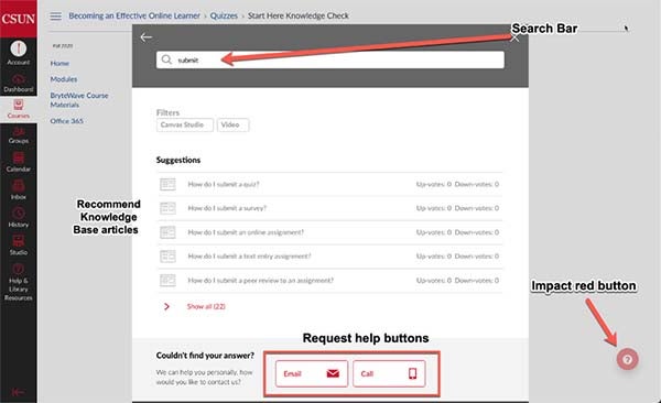 Impact with red arrow pointing at Search Bar, Recommend knowledge base articles, red arrow pointing and Impact red button, and a red box around email and call Request Help buttons.