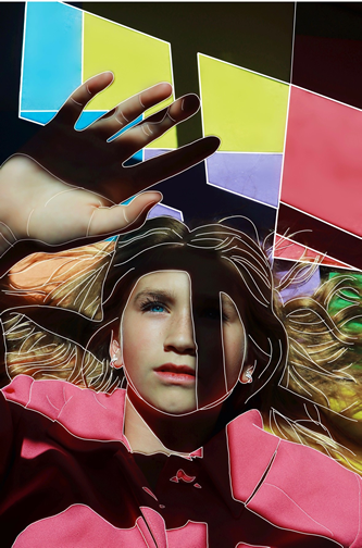 Digital illustration including a photograph of a young woman with blond hair flowing away from her face. She is looking upwards, shielding her eyes with her hand. The hand emerges from the upper left side of the piece and is larger than the girl’s face below it. This allows for our perspective of looking down at the young woman. A shadow, which falls on the hand, also falls on her face. The shadows also appear in other areas of the piece and have a heighted contrast of thick black lines against a patchwork of bright colors in the background including yellow, blue, peach and lavender. The woman’s peach-colored outfit is also broken up into shapes caused by the shadows. A network of thin white lines adds texture to the hair and further outlines the shapes and shadows.
