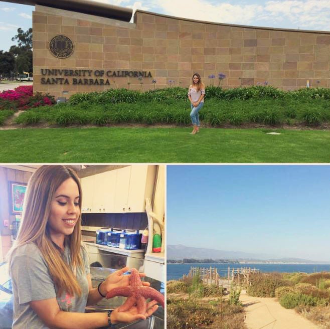 Two photo collage with Christina posing in front of UCSB sign and performing research in lab