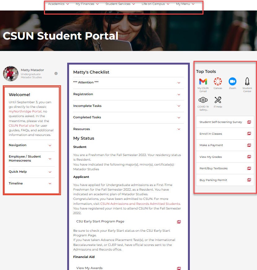 The New Student Portal View.