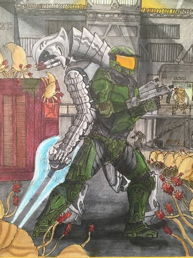 This art work is based on characters from the video game “Halo”.  The there are two figures, standing back to back ready to engage in battle and they are surrounded by alien creatures.  The figure on the right is in green armor and the figure on the left is mostly white in color. 