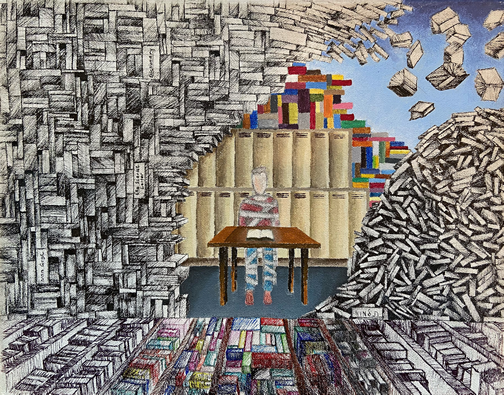 The center of the image is a boy sitting at a desk and he is bound, surrounded by hundreds of books and with school lockers in the background. Some of the books are falling and are open and others are closed.