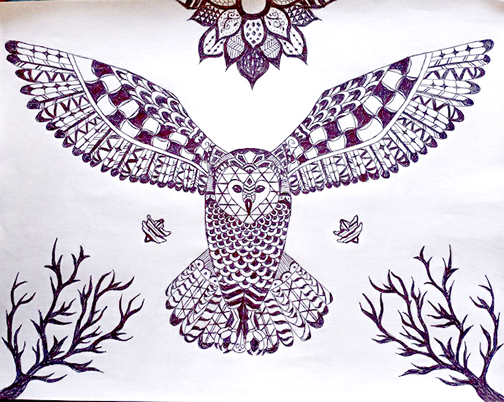 Black and white pen and ink drawing of an owl in flight.  The owl is coming towards the viewers and the drawing is filled with geometric patterns and design. 