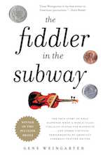 A violin, a bow, and spare change are pictured on the cover of THE FIDDLER IN THE SUBWAY.