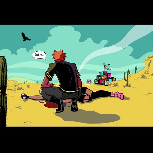 This art work is in the form of a comic book panel and the scene takes place in the desert around mid day.  There are cacti in the foreground, midground and background spread throughout the yellow desert scene. The sky is a turquoise color with clouds in the distance.  Located in the middle of the frame, there is a man whos’ back is facing the viewer, as he is kneeling down along side a woman who appears to be dead.  There is a comic word bubble that reads “Damn” indicating what the man is saying. The kneeling man is blocking the view of the woman’s face, but you can see her arms and legs.  There is also a pool of blood next to her body.  She is wearing pink shoes, black shorts and black long socks. In one hand she is still holding a spray paint can that has the letter “X” written on it.  There is a trail of smoke coming from her body and there is a Van driving away in the far distance.  In the distance, there are cubes with images on them that are stacked on top of one another almost in the shape of a pyramid.  At the top of the cubes there is a large satellite dish pointing towards the sky to the right.  There is red graffiti on the distant cubes.  There is a single black bird located in the upper left of the panel looking down at the man and woman.  