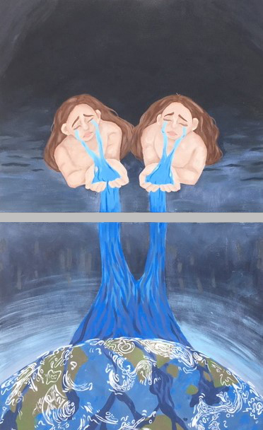 Two painted horizontal canvas panels have been placed one atop the other separated by an inch of space. The top panel depicts two centrally placed unclothed women with long brown hair falling behind them. They appear to be mirror images slightly angled towards one another. Their eyes are closed, and with anguished faces, rivers of blue tears flow into, and then through their outstretched hands. The dark gray background of this panel transitions to a lighter blue-gray with a water texture which then is picked up by the bottom canvas. On this panel, the twin flows of blue water land on planet earth. The arc of the earth takes up one third of the base of the panel against a gray background. The continents of our planet are green shapes surrounded by the ocean with linear white cloud formations floating above. There is an aura of a lighter blue brushstrokes radiating from the earth.