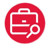 Icon of brief case with magnifying glass: now hiring