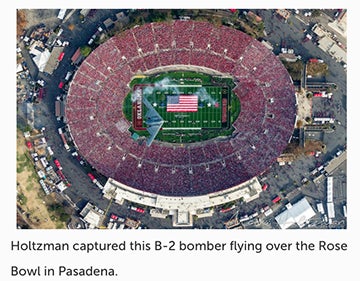 Arial shot of the Rose Bowl featuring B2 flyover