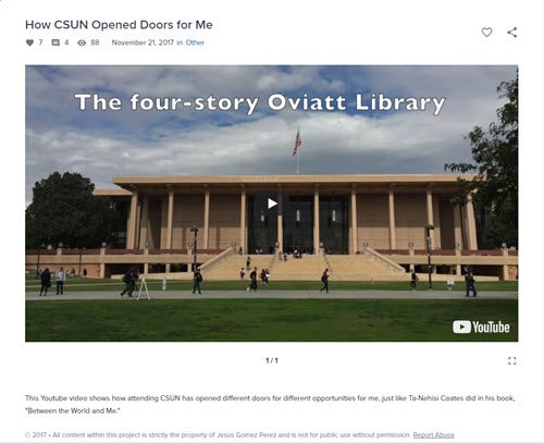 Video's opening frame shows the inviting entrance to Oviatt Library.