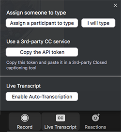 Live Transcript button menu open showing enable auto-transcription button