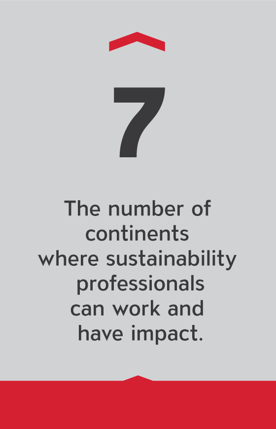 number of continents where sustainability professionals can work and have impact infographic