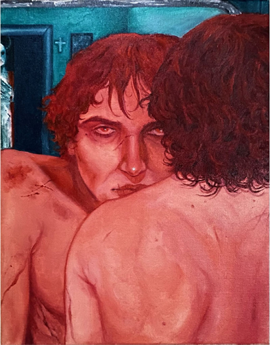 An oil painting of a male figure in all red, covered with scratches and bruises stares at their reflection in a mirror