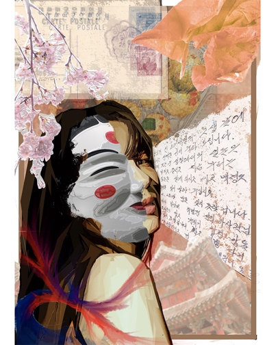 Digitally manipulated photographic collage of a young woman with half of her face covered by a mask. The background features an invented space filled with perspectivally warped family letters, buildings, a tree branch and a piece of peach colored tissue paper.