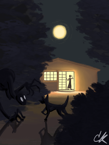 An excited pup is in the shadows of his yard when he discovers a new friend. The friend is a monster-like figure, black in the shadows with large, blank, wondering oval eyes. He is bent over towards the dog in a spider-like pose with one creepy hand reaching out to discover what the dog is. In the background, the dog's owner has slid open the illuminated back doors and calls to her doggy. The moonlight creates a path through the trees and inky, dark night. 