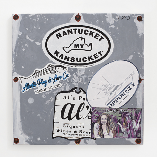 This acrylic painting is of a grey salt-weathered electrical junction box. There are rusty screws depicted in each corner of the painting. The junction box is covered with five stickers. The stickers read: "Nantucket Kansucket", "Atlantic Plug and Lure co. Rhode Island", "Al's liquors Wines and Beers, Edgartown, Mass.", "Opporty, North Palm Beach, FL.", and "Brittany's Travels"