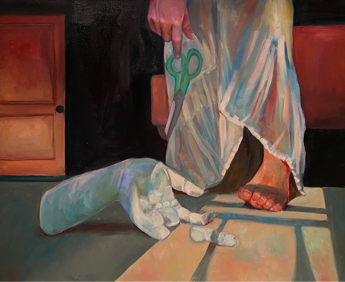 In this oil painting you see a plaster hand with missing digits in the foreground. A figure in the background wearing a white gown approaches the hand with a pair of scissors.  