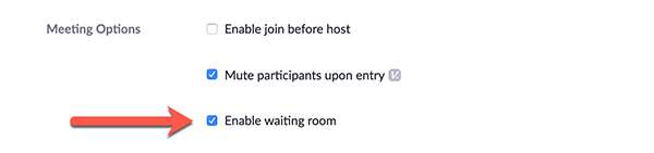 Arrow pointing at checked box next to Enable waiting room