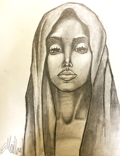 This art work is a drawing of a young woman in black and white and there is a strong emphasis on light and shadow.  She is wearing a head covering and the angle is straight on as she is looking directly at the viewer.  She has no facial expression. She is located slightly off center to the right of the composition.  