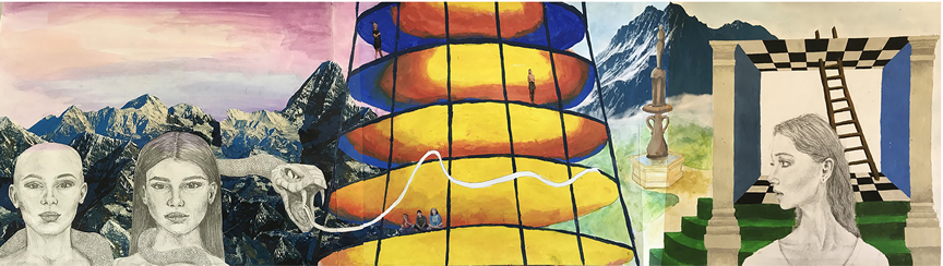 A long, horizontal mixed media drawing which features photographic mountain collage elements. A large snake spans the length of the drawing, unifying a series of spaces. On the left, the snake wraps around the neck and shoulders of two women. In the middle, the snake is in front of a piece of inventive, multi story fantasy architecture, and on the right, a woman with a startled expression stands in front of a perspectival checkerboard room with a ladder in it.