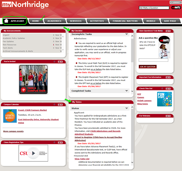 The myNorthridge Applicant tab features items of interest to new students.