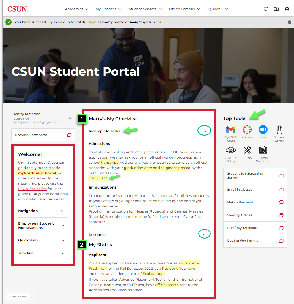 CSUN Student Portal with My Checklist, My Status, Welcome box and Top Tools