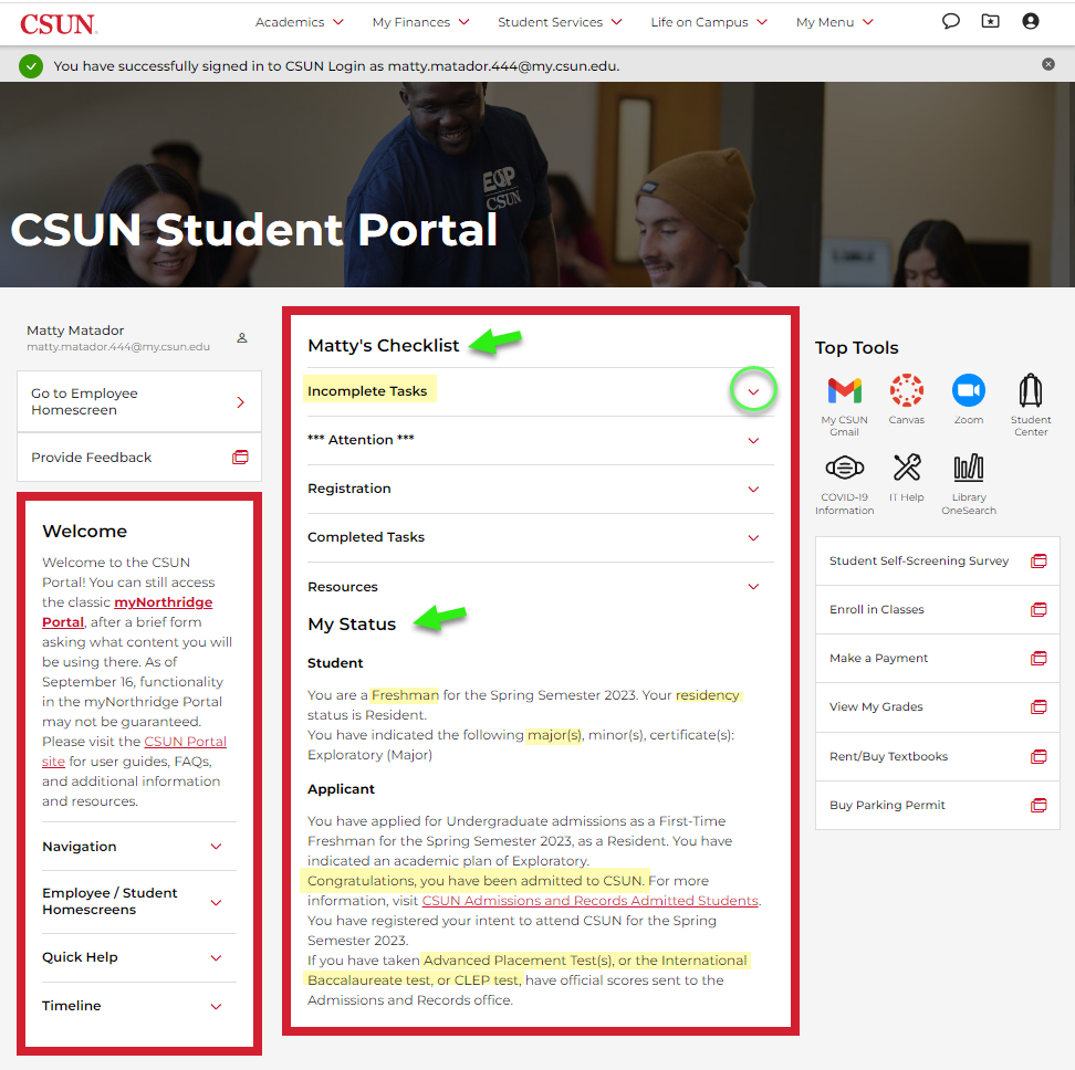 CSUN Portal home page with My Checklist, My Status, Welcome box and Top Tools