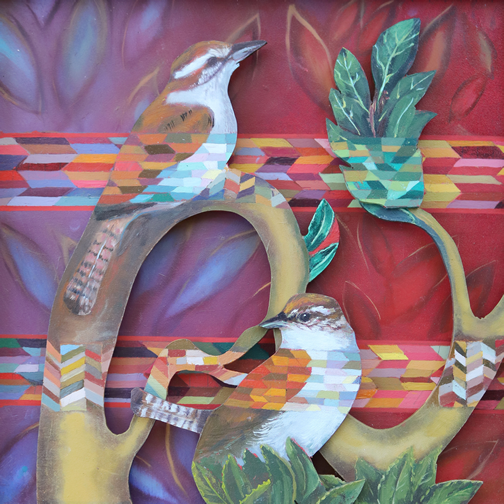 The subject of two birds are dynamically placed in the composition on one tree with a few sparse leaves yet green on the branches. A cross section of two horizontal rectangles cut through the piece creating a positive/negative effect. There are small mosaic prismatic patterns which piece together like a puzzle with bright colors. The background has muted out leaves delicately set back in violet and red tones.