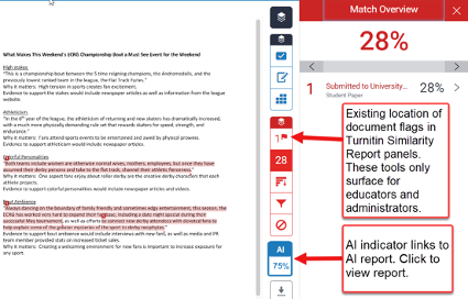 Turnitin interface with call-outs to the similarity report and AI report