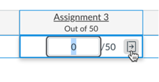 Assignment 3 in the grade book with zero points and the cursor on the right-facing arrow