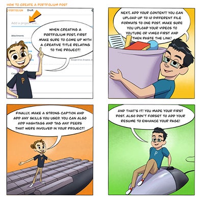 a four-panel comic with two characters explaining how to make a post in portfolium