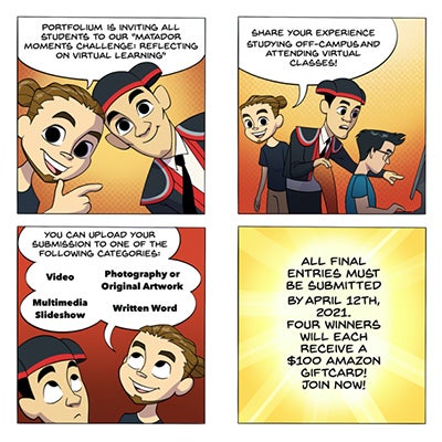 four panel comic with two characters explaining how to enter the 2021 Matador Moments challenge