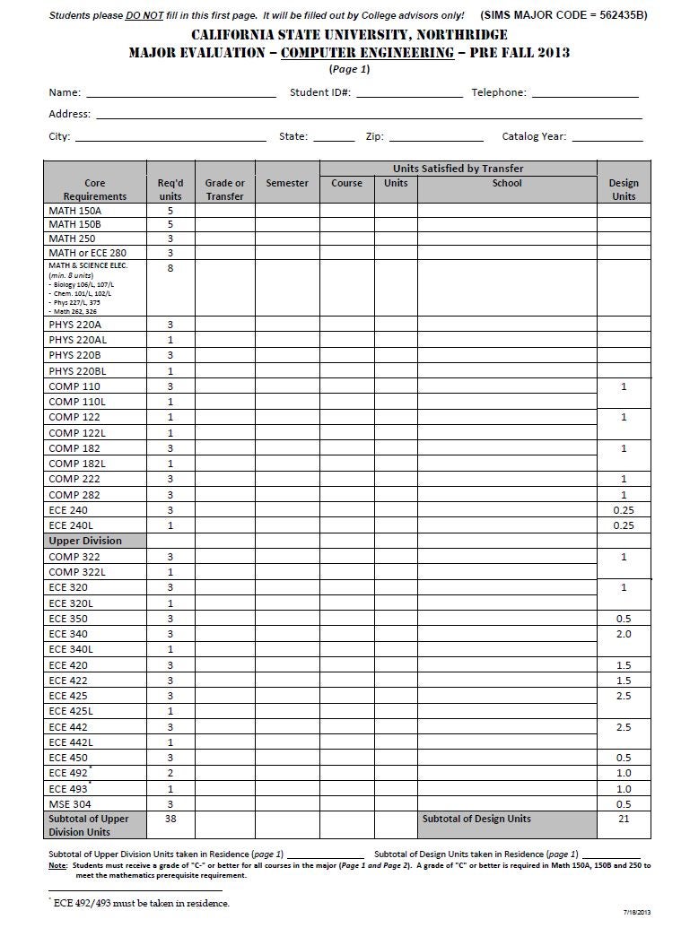 Computer Engineering Major Evaluation Sheet