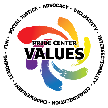 Pride Center Values: Advocacy, Communication, Empowerment, Fun, Inclusivity, Intersectionality, Learning, Social Justice