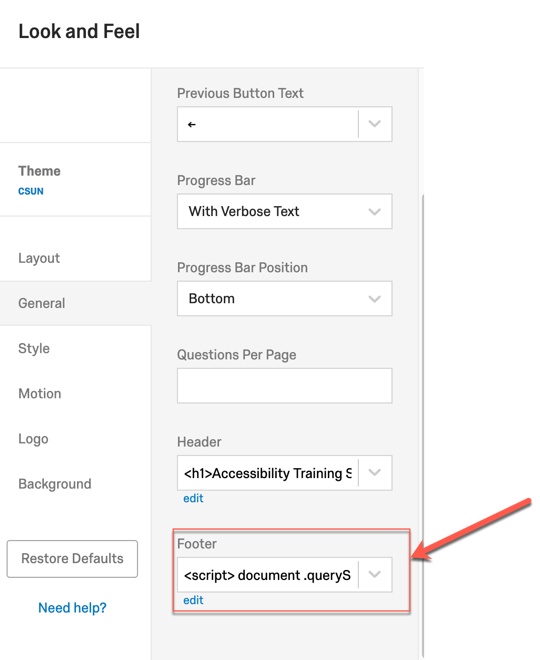 Progress bar numerical progression code must be inserted in the header or footer section in the look and feel menu