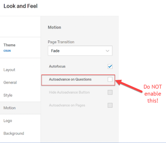 Avoid selecting the autoadvance checkmark