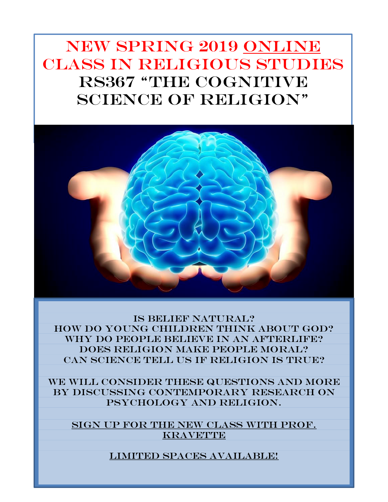 New Class! Cognitive Science of Religion - Spring 2019