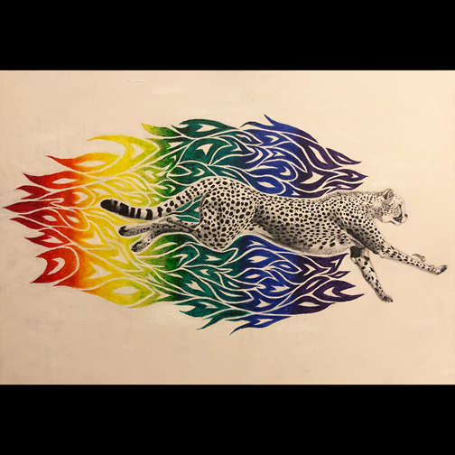 This piece exhibits a cheetah in mid stride running to the right.  Behind the cheetah is a graphic and stylized image of a pattern that is flame like.  The colors from left to right blend into each other over the pattern like a rainbow going from red to orange to yellow to green to blue and to a daker blue.  The overall image is placed in the center of the canvas.  