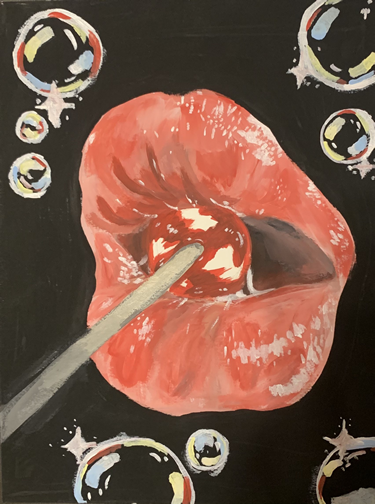 A surreal image of floating, glistening lips eating a Lolly-pop. Shiny bubbles float and surround the central image of the lips.