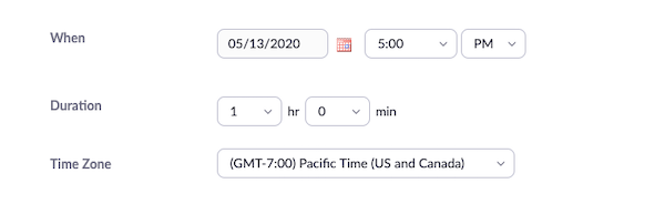 When, Duration and Time Zone fields
