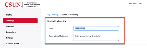 Schedule a Meeting page with box around topic and description fields