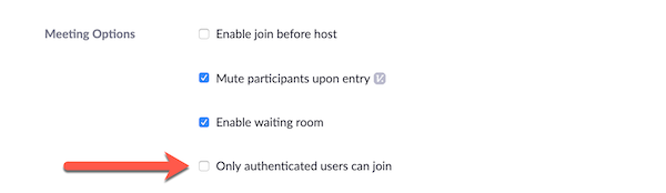 Arrow pointing at unchecked box next to Only Authenticated Users Can Join