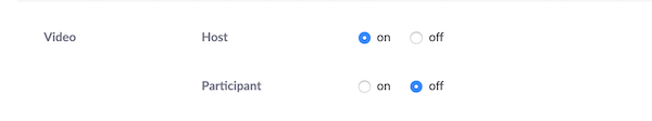 Video settings with Host set to On and Participants set to Off