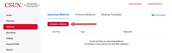 Webinar Dashboard With Arrow Pointing At Schedule A Webinar Button