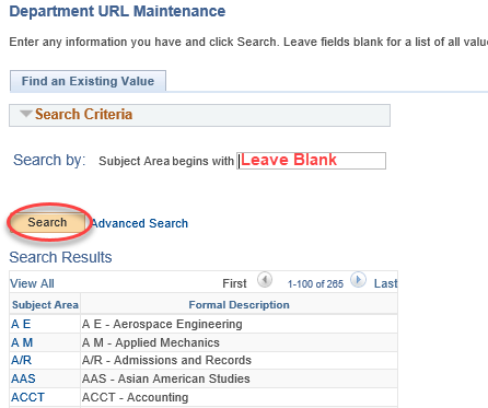 Location of department URL search 